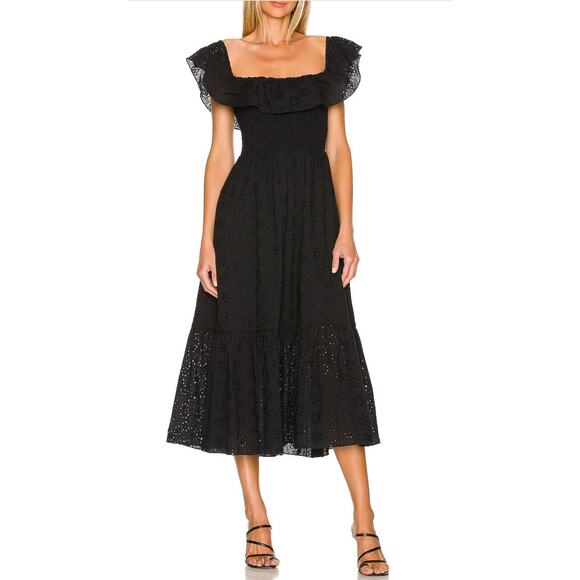 Tularosa Carlotta Eyelet Floral Midi Dress XS Black Smocked Ruffle Cottage FLAWS - Picture 13 of 13